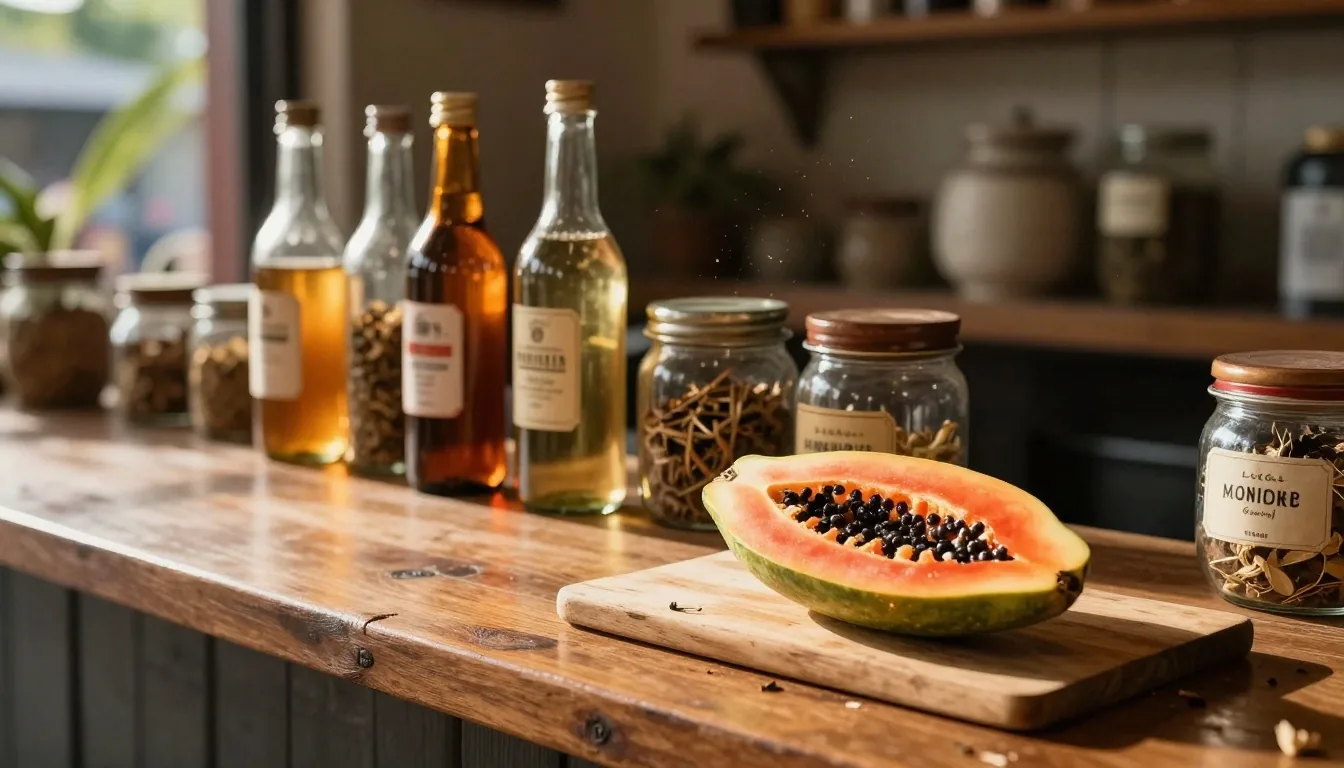 Warung counter in warm afternoon light with amber glass bottles, jars of dried botanicals and a halved fruit on a worn tray