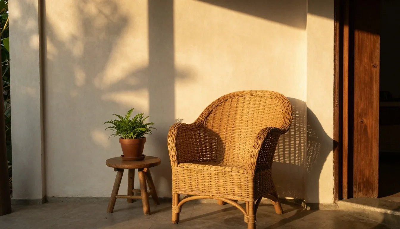 Sunlit limewash wall with layered pasted paper sheets in warm late-afternoon light