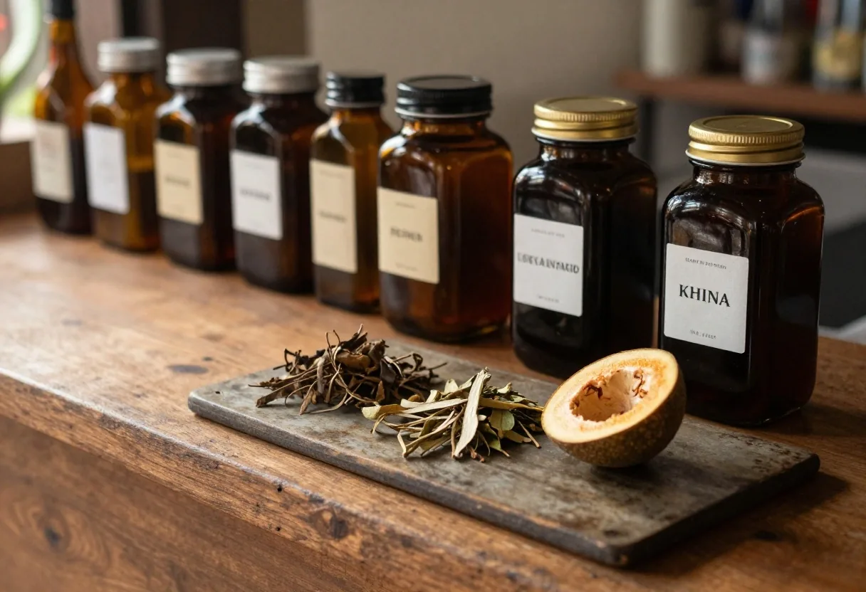 Wooden warung counter holding amber glass bottles, jars and dried botanicals in warm side light
