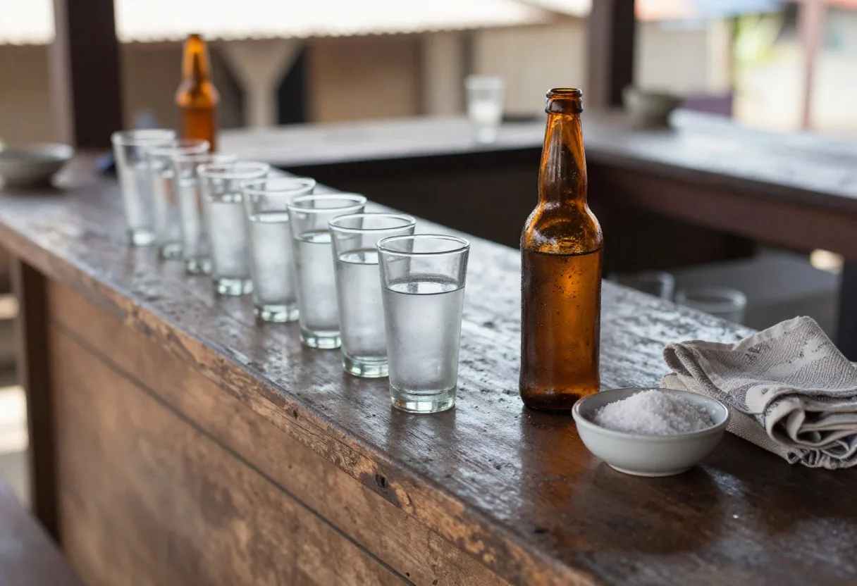Wooden warung counter in late afternoon light with glasses of water and a small bowl of salt