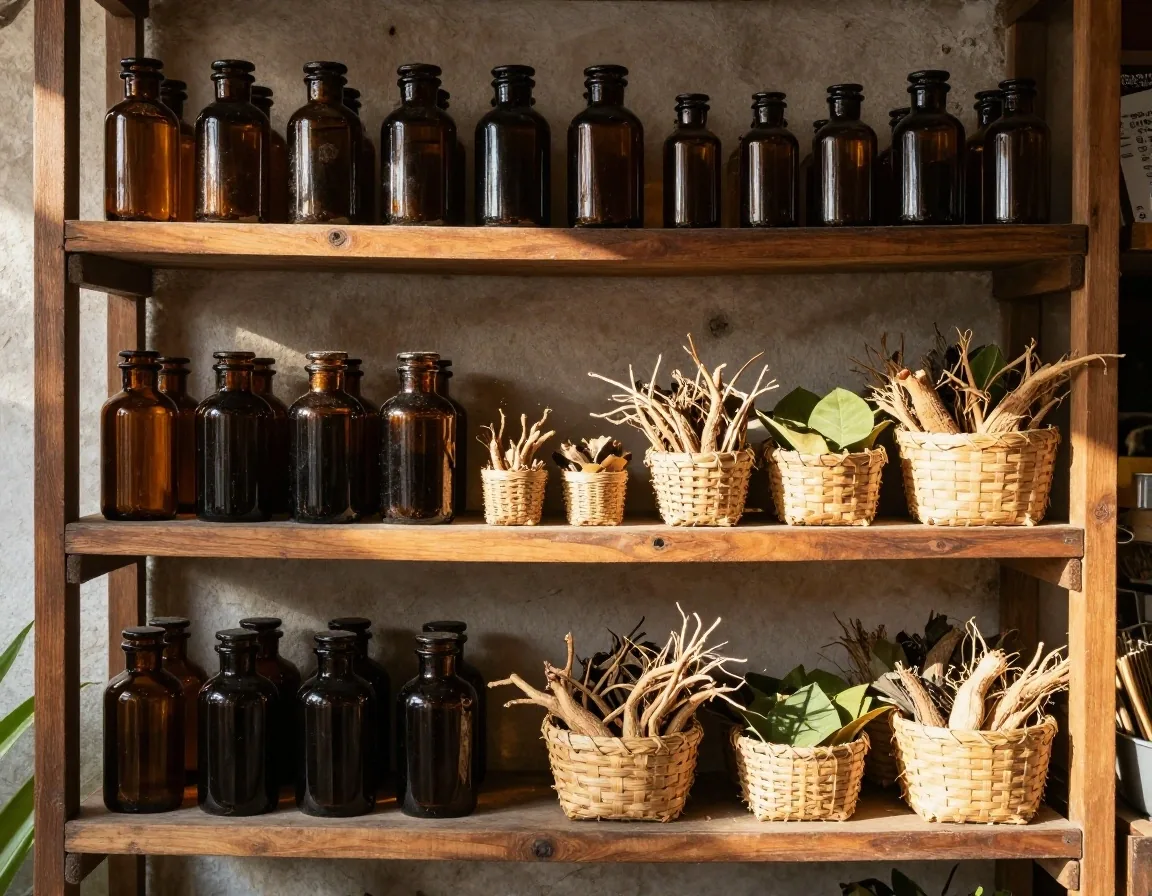 Amber glass bottles and dried botanicals on a wooden counter in warm afternoon light