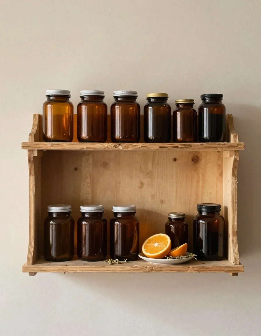 Amber and dark glass supplement jars on a worn wooden shelf in warm side light