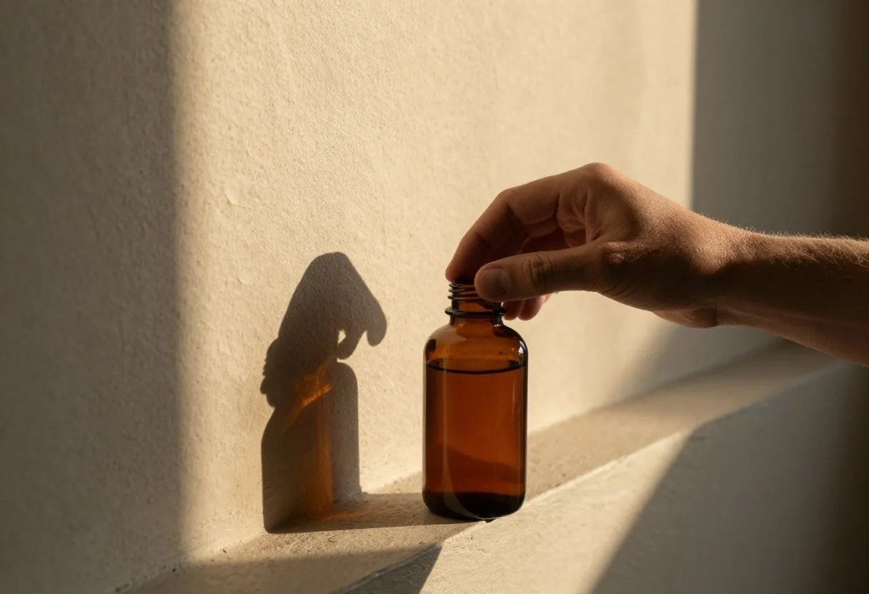 Hand turning a dark glass bottle on a limewashed ledge in warm afternoon light