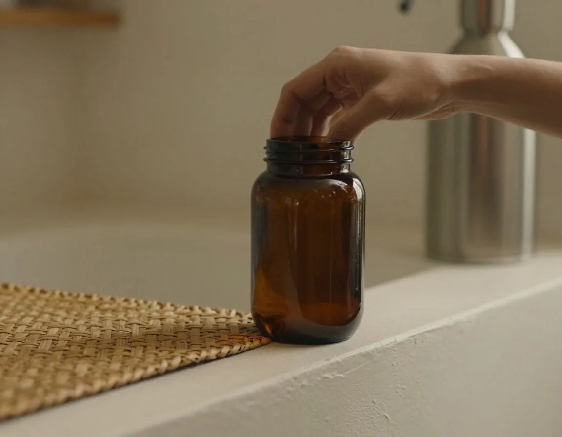 Hands lifting a dark glass jar from a limewashed ledge in warm daylight