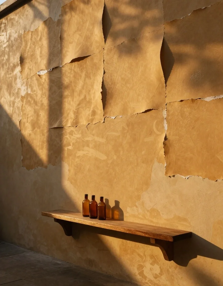 Dense multi-column wall of pasted indigo and amber poster sheets on limewash with raking afternoon light
