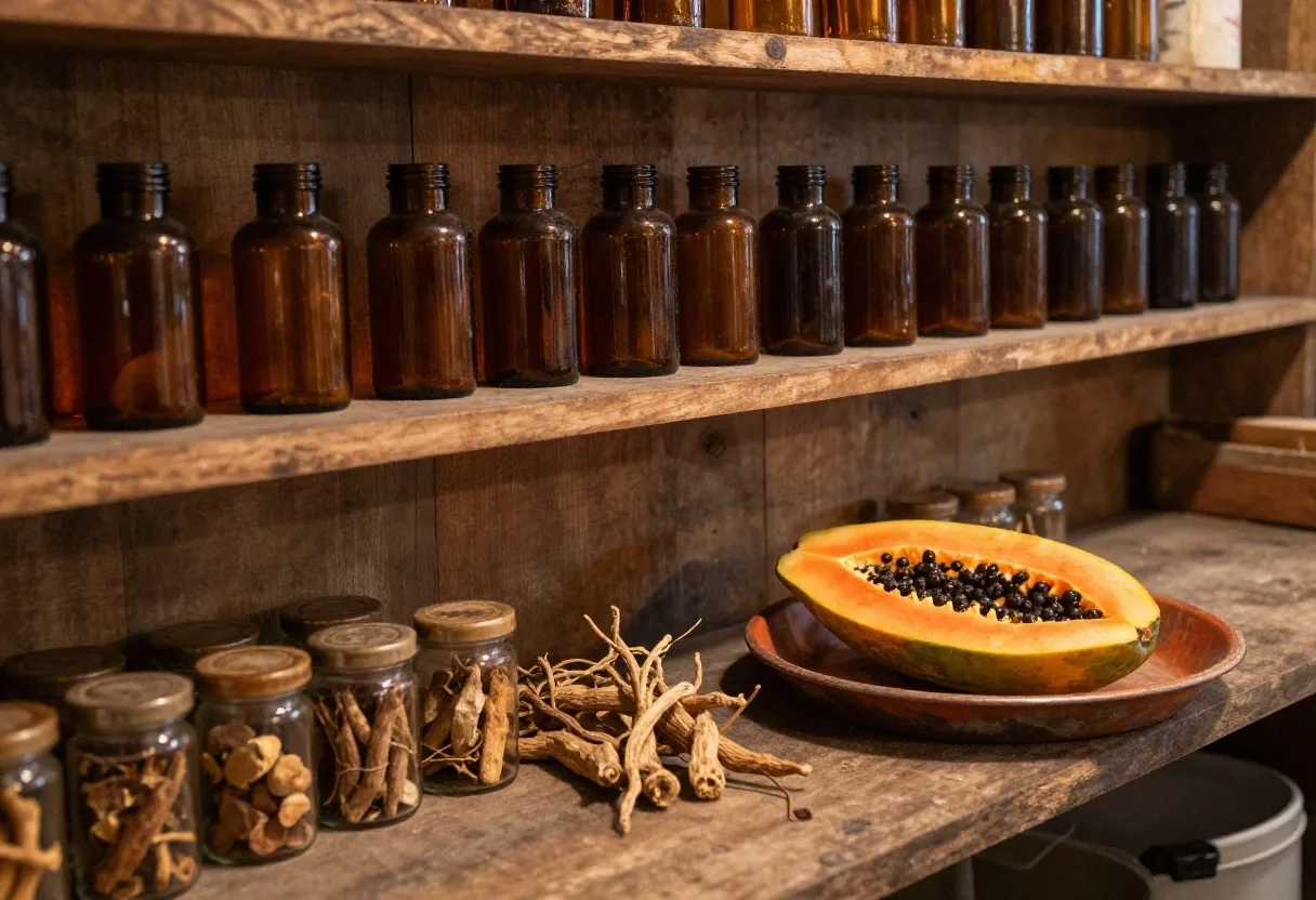 Wooden warung counter with amber glass bottles of natural capsules, dried botanicals and a worn tray in warm side light