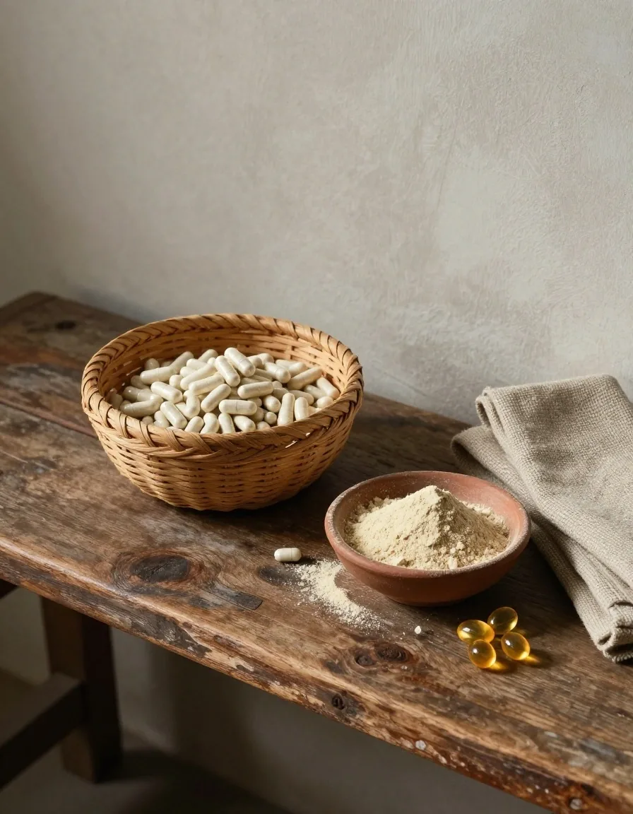 Capsules, powder and softgels arranged side by side on a worn wooden tray in warm side light