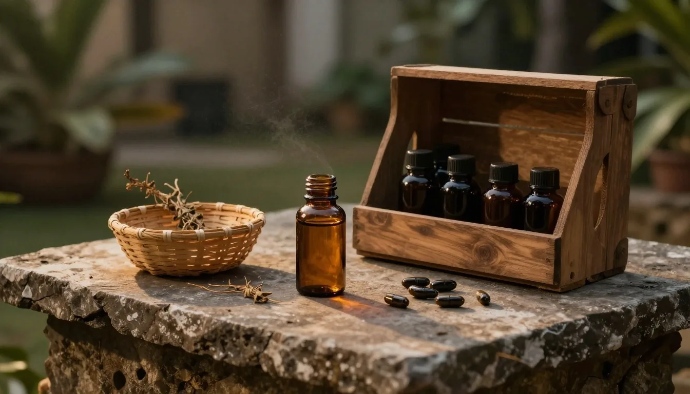 Unlabelled amber and dark glass supplement bottles arranged on a rough concrete plinth in warm afternoon light
