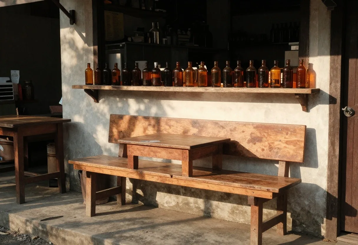 Worn wooden warung counter in Kuta with amber glass bottles and a folded paper map in warm side light